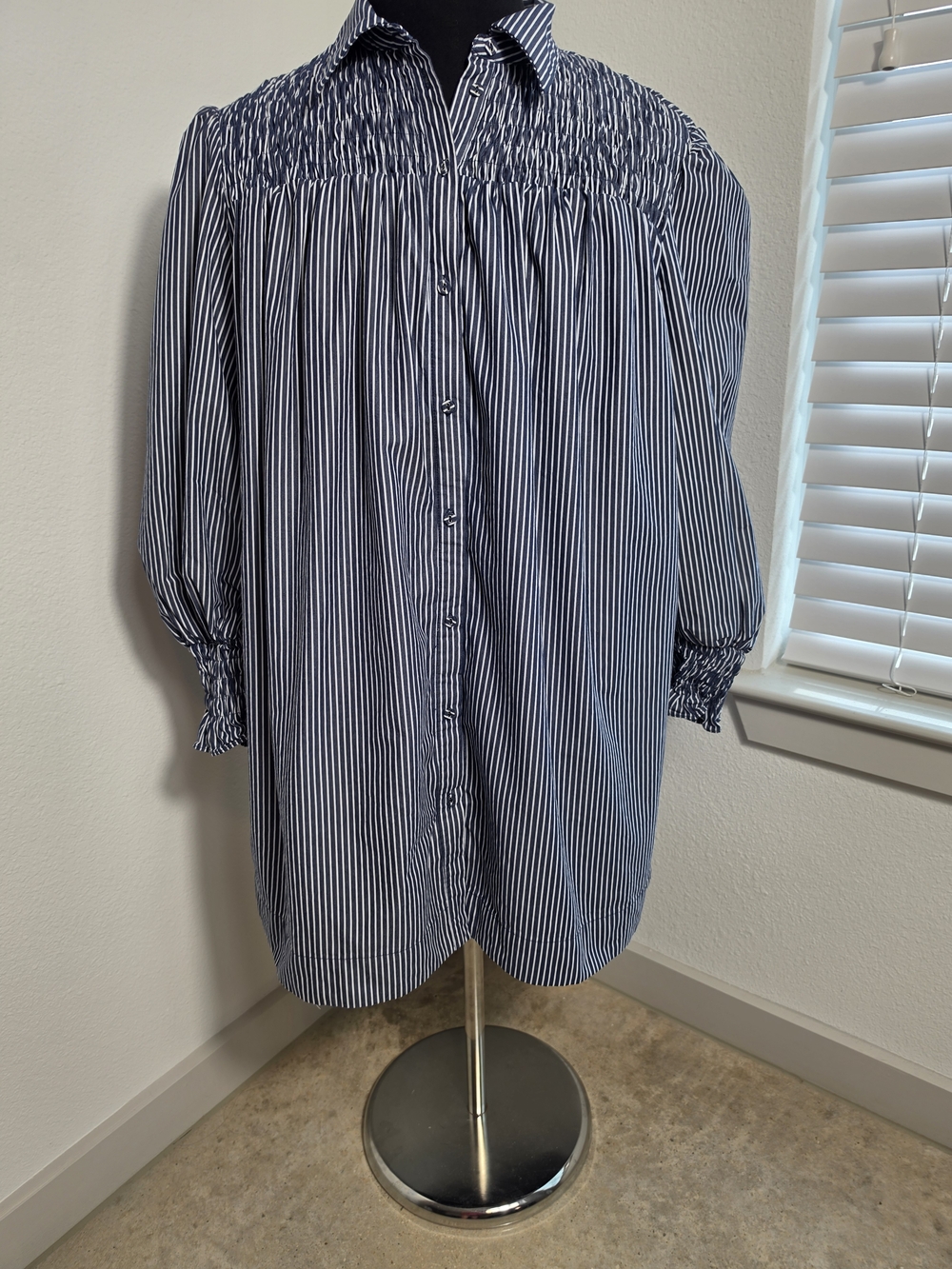 AUREUM Navy and White Striped Long Sleeve Smocked Yoke Shirt Dress